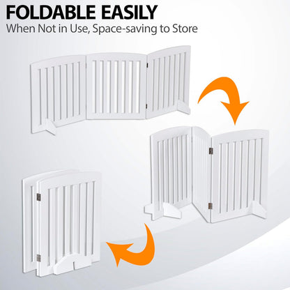 24 Inch Freestanding Indoor Retractable Dog Gate Pet Gate for Stairs, Hallways or Doorways 3 Panels Indoor Foldable Puppy Dog Fence Wooden Safety Fence, White