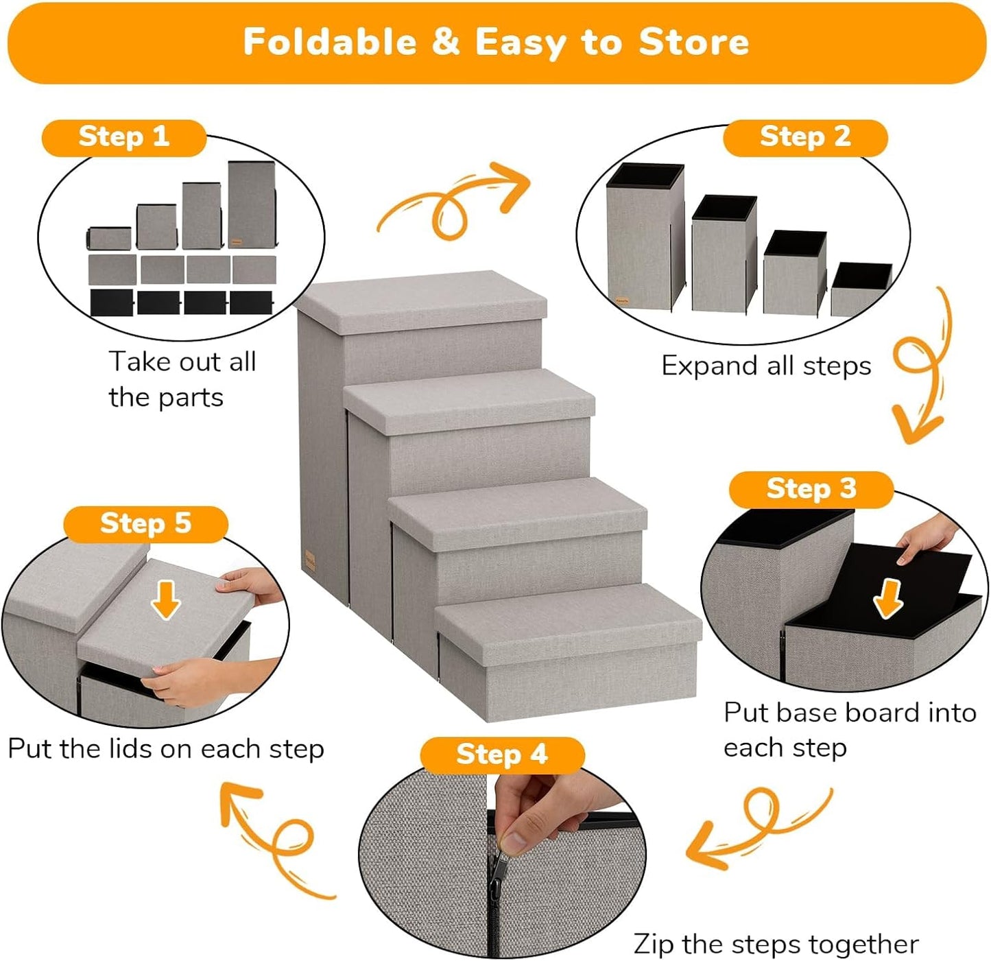3-Step Wide Dog Stairs with Hidden Storage 18" H, Non-Slip Dog Steps for High Bed Couch Window Car, Jiont-Friendly Pet Stairs Ramp for Small/Medium/Large Old Dogs Cats Up to 200lbs, Grey