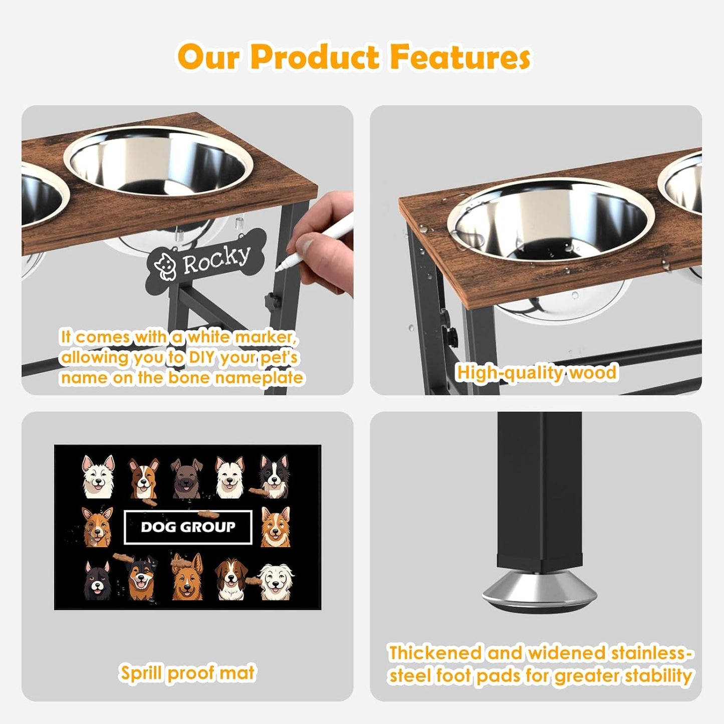 ADENGL Metal Raised Dog Bowl, 10" Tall Elevate Dog Feeder Stand with 2 Stainless Steel 42oz Bowls & 16x24 Non-Slip Mat – Stronger Dogs Food & Water Bowl Stand (Black)