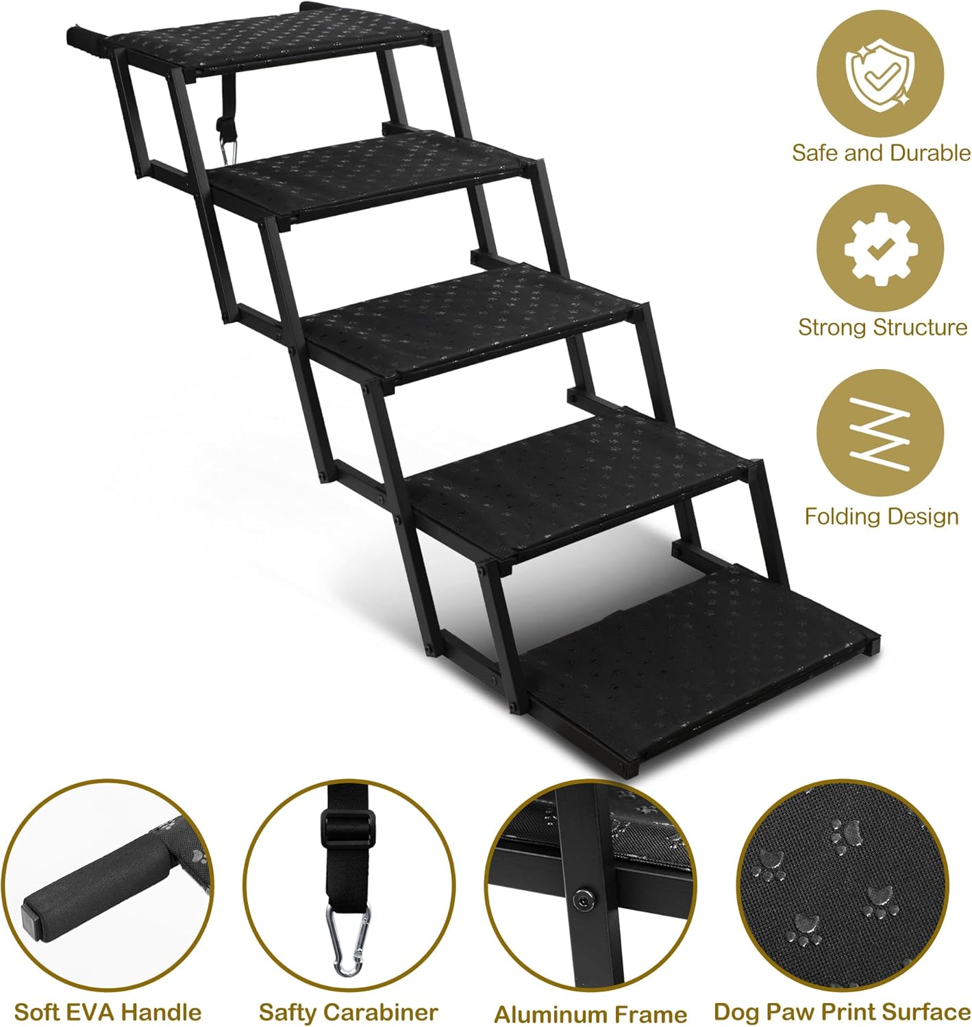 Dog Stairs for Car - Foldable Dog Ramps for Large Dogs with Non Slip Surface, Portable Dog Steps for Cars and SUV, Truck, Support Up to 200 Lbs