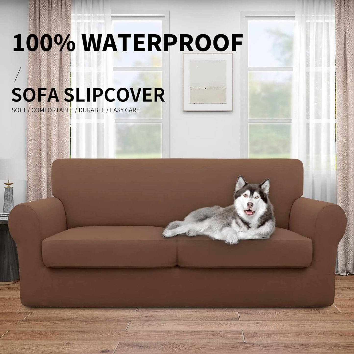 Easy-Going 100% Dual Waterproof 4 Pieces Stretch Soft Couch Cover for Dogs, Sofa Slipcover for 3 Separate Cushion Couch Leakproof Furniture Protector for Kids, Pets Dark Gray