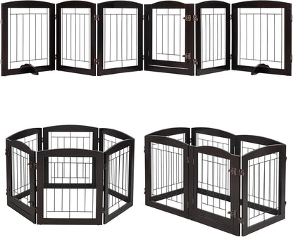 PAWLAND Free Standing Dog Gates for The House Stairs Doorways Indoor Foldable Wooden Small White Puppy Pet Gate Step Over Fence 60" W 24" H 3 Panels