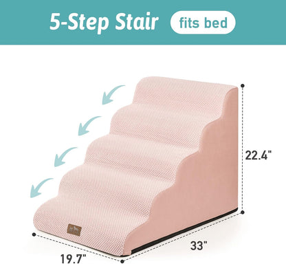 COZY KISS Extra Wide Dog Stairs with Tunnel, Foam Detachable Large Dog Step for Small Pet, Puppy or Cats, Medium Pet Ramp for High Bed, Couch, Sofa or Car, 19.7x33x22.4 inch, 5 Step, Beige