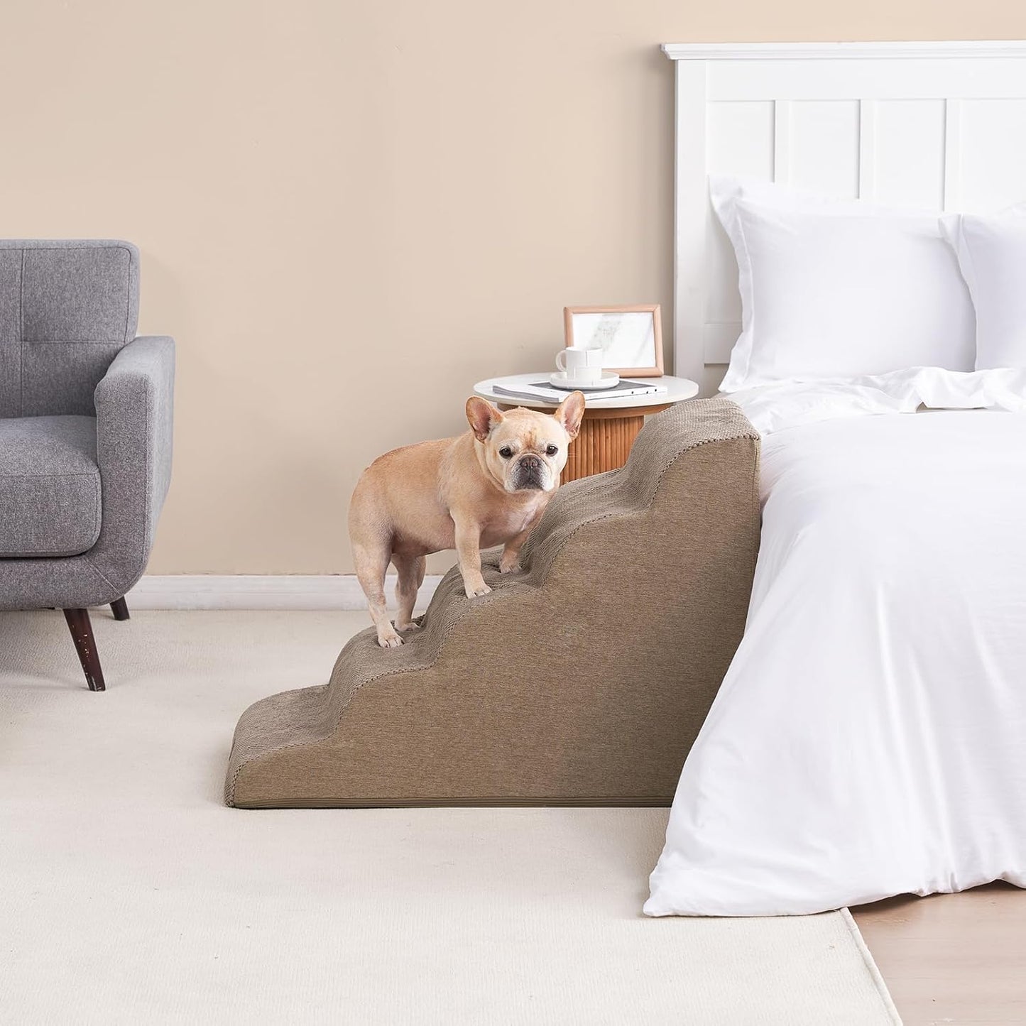 EHEYCIGA Curved Dog Stairs Ramp for High Beds 19.7" H, 4-Step Dog Steps for Small Dogs and Cats, Pet Stairs for High Bed Climbing, Non-Slip Balanced Pet Step Indoor, Grey