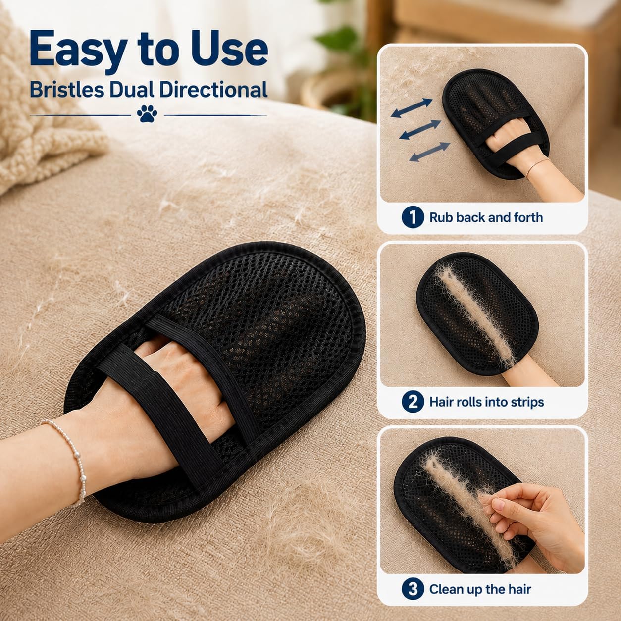 Pet Hair Remover Glove 2-Pack for Couch, Carpet, Bed, Car Seat & Clothing, Reusable Electrostatic Tool for Cat & Dog Hair