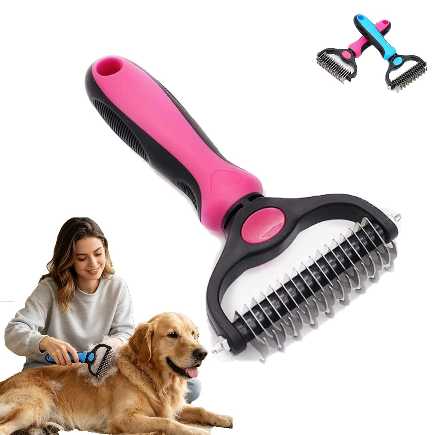 Acssart Pet Grooming Brush – Double Sided Undercoat Rake & Dematting Comb For Dogs And Cats, Detangling Tool For Matted Fur, Ideal For Medium Or Long Haired Breeds (Blue, Small)