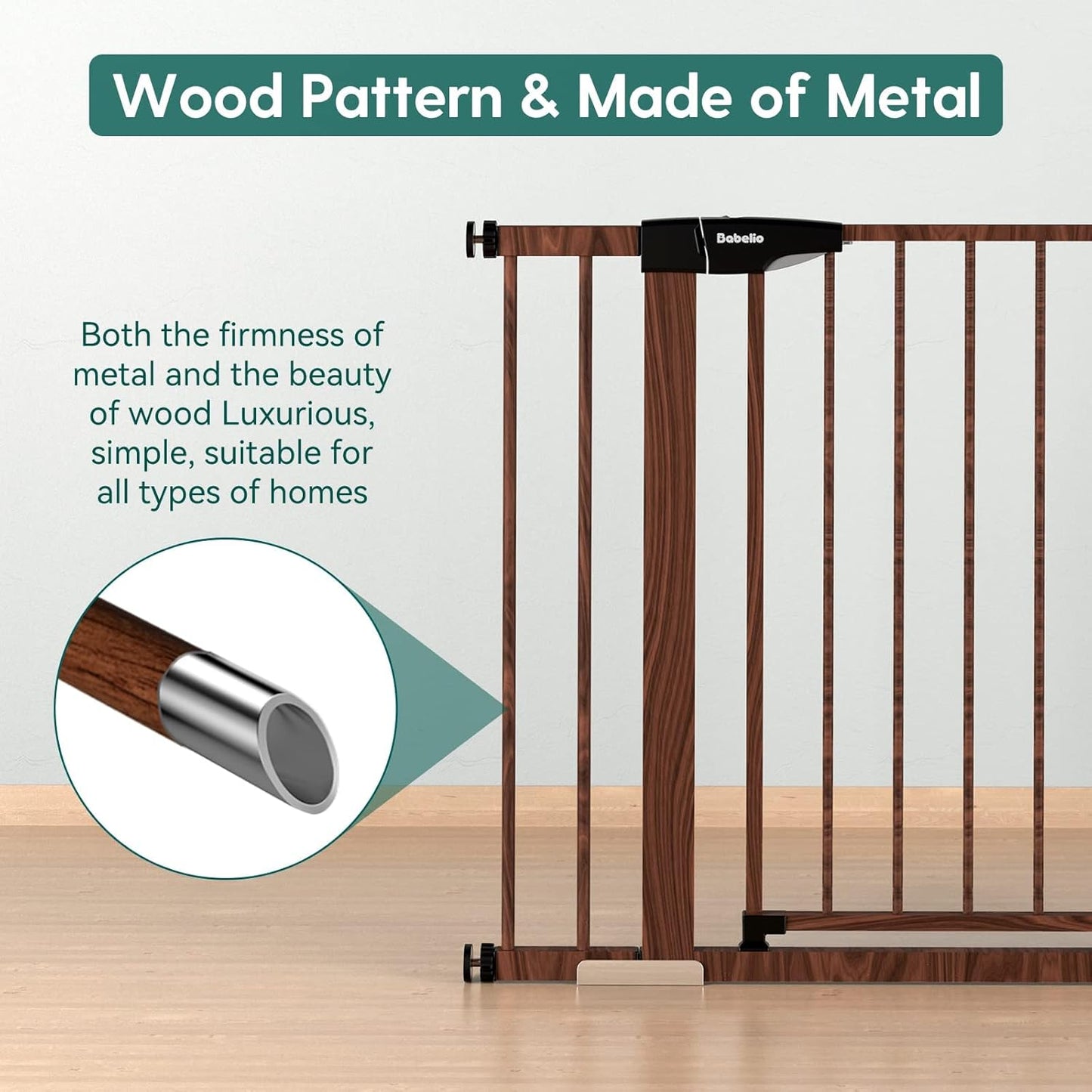 BABELIO Baby Metal Gate Extension with Wood Pattern, 5.5'' Extra Wide Pet Gate for Stairs & Doorways, Pressure Mounted Baby Gate Dog Gate, No Tools Required, 30'' Tall
