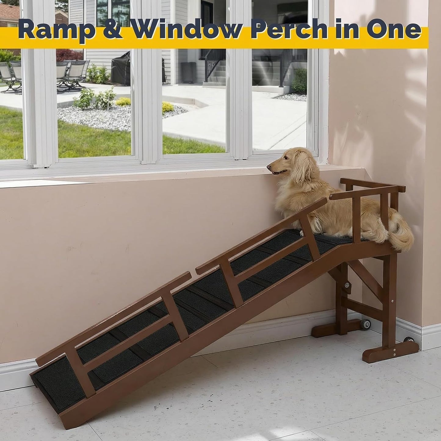 Dog Ramp for Bed or Couch, Wooden Pet Ramp with 20° Gentle Slope, Removable Side Rails, Non-Slip Surface, Top Platform & Wheels, Safe Bed Ramp for Small, Large & Senior Dogs, 60" Long, Mahogany