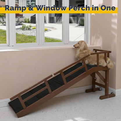 Dog Ramp for Bed or Couch, Wooden Pet Ramp with 20° Gentle Slope, Removable Side Rails, Non-Slip Surface, Top Platform & Wheels, Safe Bed Ramp for Small, Large & Senior Dogs, 60" Long, Mahogany