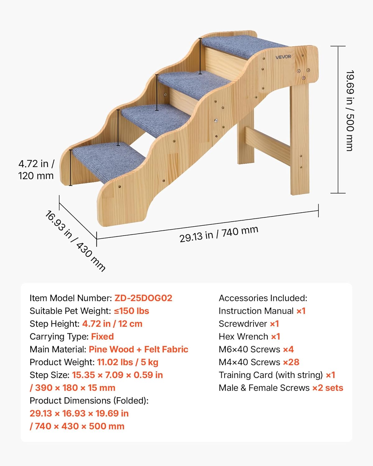 VEVOR Wood Pet Stairs, 2-Step Dog Stairs for Beds, Sofa & Cars, 110lbs Load Capacity, Floded Flat Design, Stable & Sturdy Cat & Dog Step Ladder for Small Medium Large Older Pet Puppy Essentials