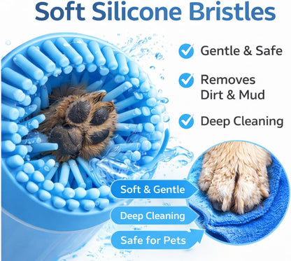 Dog Paw Cleaner Cup with Towel, Pet Paw Cleaner for Dogs & Cats, Portable Muddy Paw Washer with Soft Silicone Bristles, Deep Cleaning Paw Washer Cup (Blue)