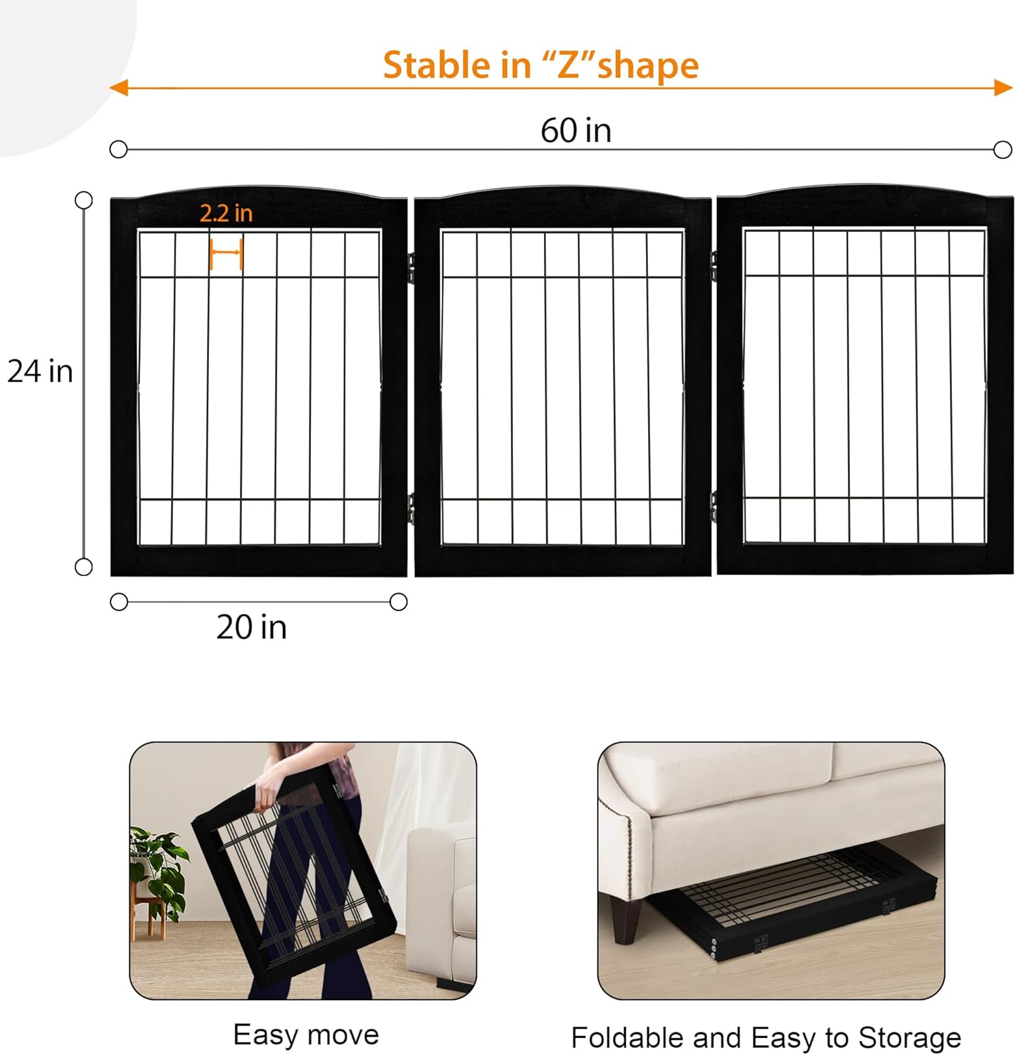 LZRS 2-Panel Freestanding Foldable Wood Dog Gate – Solid Wood & Steel Wire, Chew-Resistant Pet Barrier for Indoor Use, Ideal for Small to Medium Dogs, White