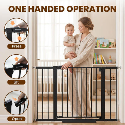 Mumeasy 29.7-46" Baby Gate for Stairs, Pressure Mounted Dog Gate for Doorways, Auto Close Walk Through Pet Gate Indoor, Extra Wide Metal Child Safety Gate, Mom's Choice Awards Winner, Black