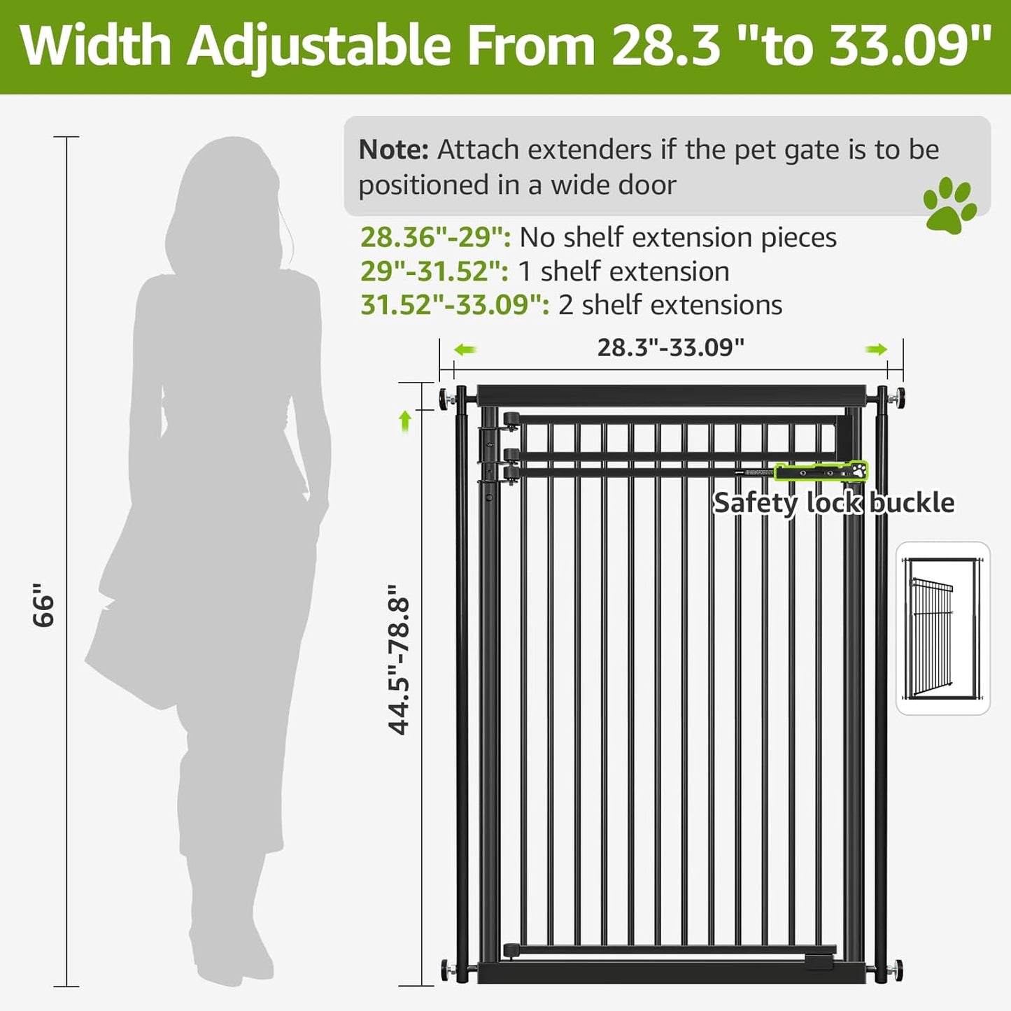 78.8" Extra Tall Pet Gate for Cat/Dog, 32.8-37.4" Wide Tall Cat Gate for Doorways/Hallways, NO Drilling Pressure Mounted Dog Gate for Stairs, Studio, Kitchen (Black)