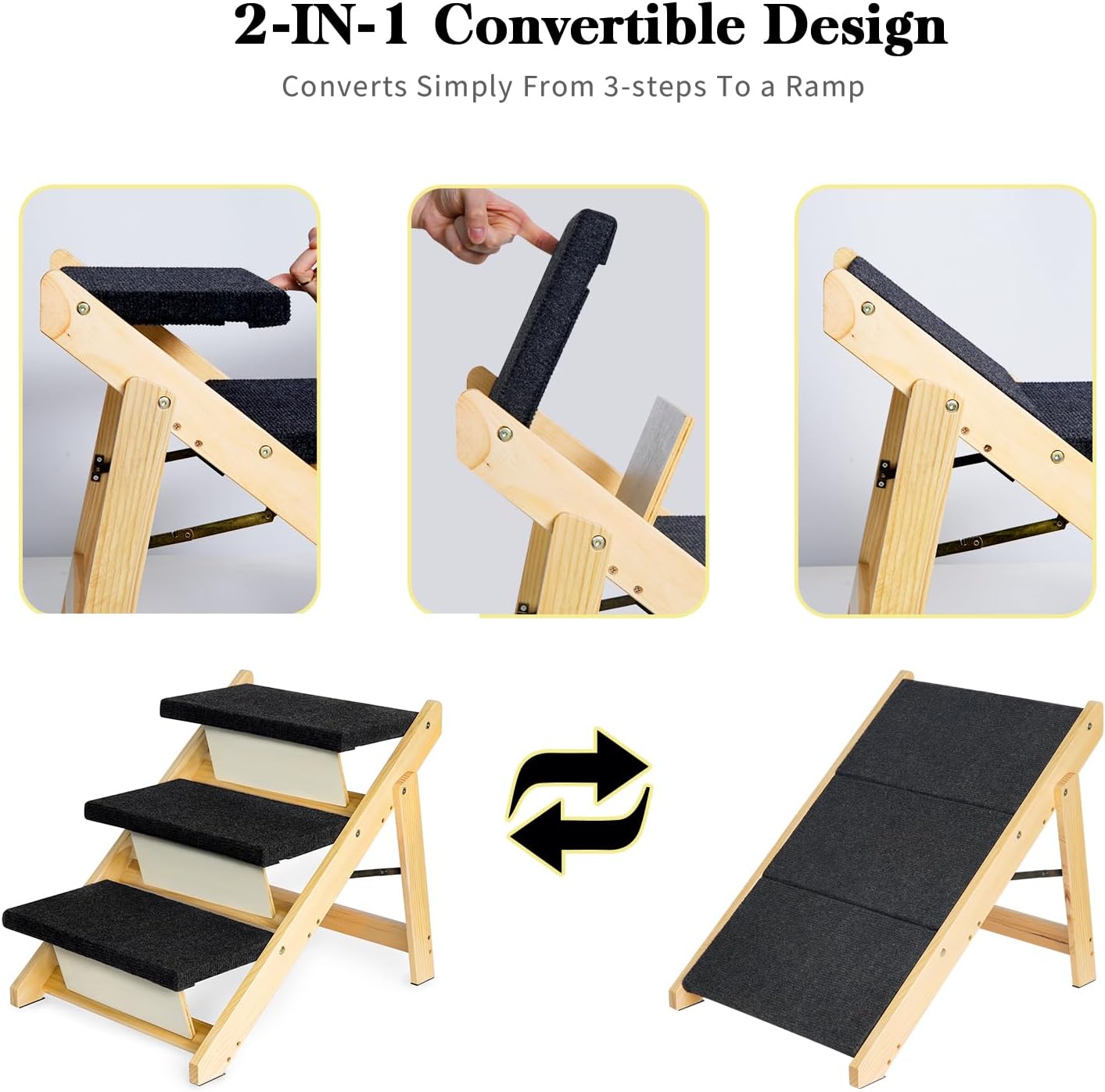 BRIKY 2-in-1 Dog Stairs/Ramp with 4 Steps, Foldable Dog Stairs for High Beds Cars Couch, Durable Wooden Pet Stairs for Small Medium Large Dogs, No Assembly Required