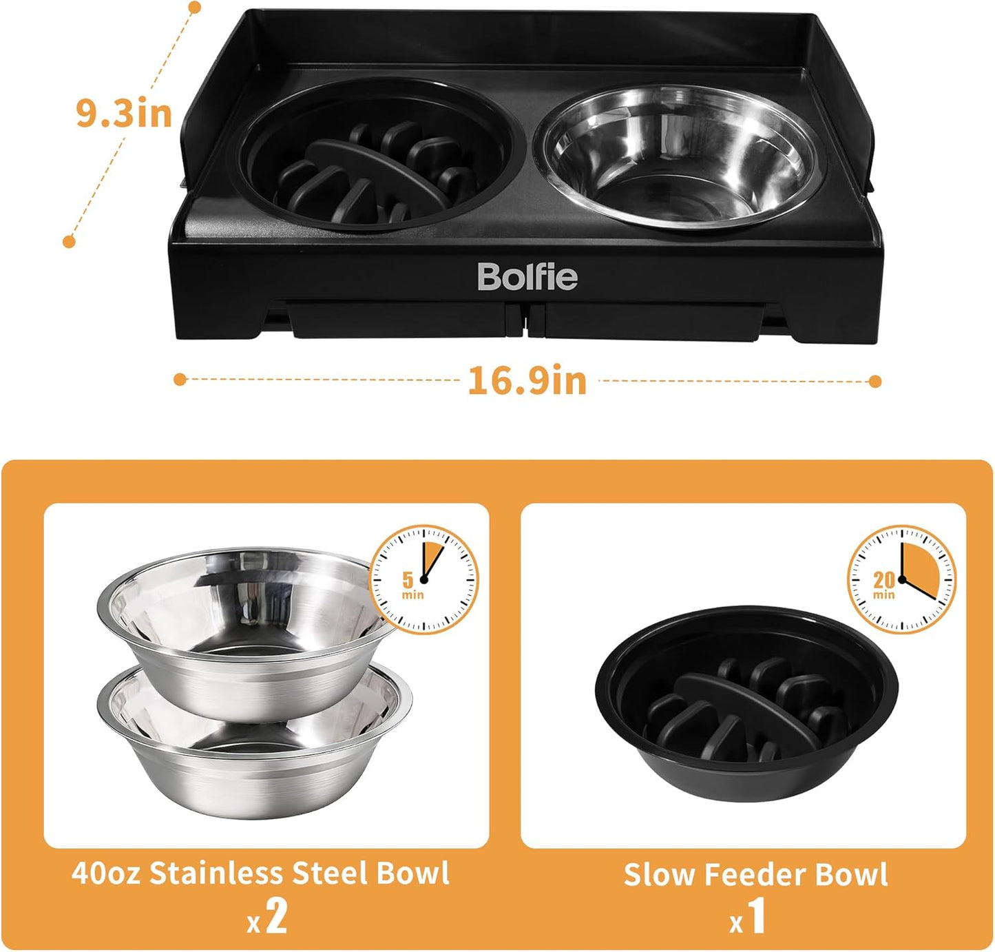 Elevated Dog Bowls for Small Medium Large Dogs 5 Adjustable Heights, 2-in-1 Raised Dog Feeder with 2 Stainless Steel Bowls & Slow Feeder, No Spill Pet Food Water Bowl Stand with Non-Slip Base