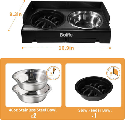 Elevated Dog Bowls for Small Medium Large Dogs 5 Adjustable Heights, 2-in-1 Raised Dog Feeder with 2 Stainless Steel Bowls & Slow Feeder, No Spill Pet Food Water Bowl Stand with Non-Slip Base