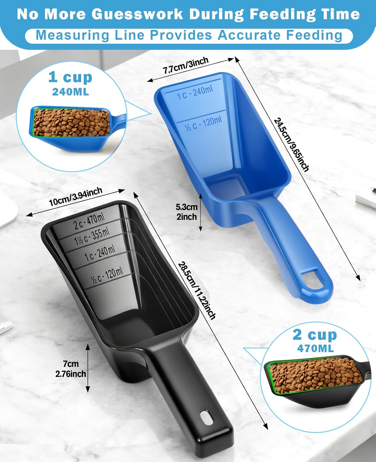 2-Pack Dog Food Scoop Set,1 Cup and 2 Cup Plastic Pet Food Measuring Scoops with Clear Measurement Lines,Multi-Purpose Pet Food Scooper for Dogs, Cats (Green and Black)