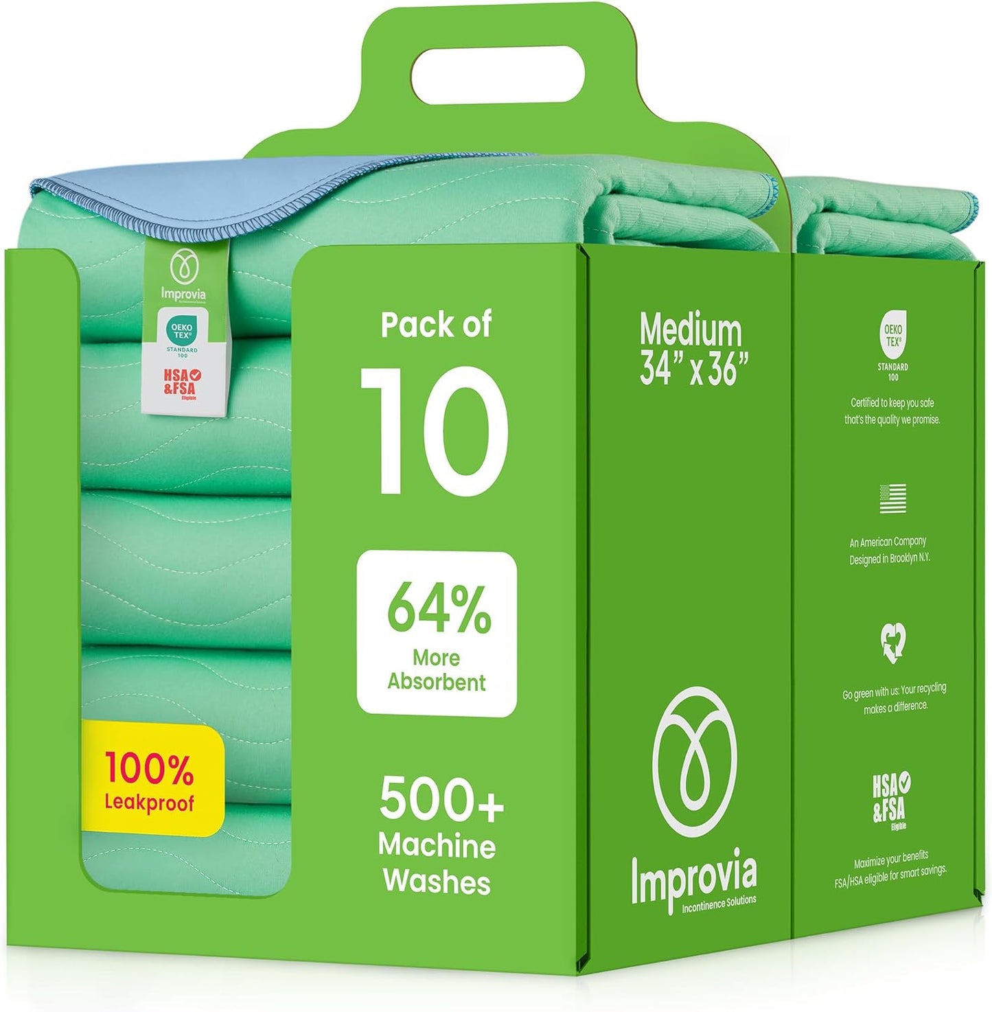 IMPROVIA® Washable Underpads, 34" x 36" (Pack of 4) - Heavy Absorbency Reusable Bedwetting Incontinence Pads for Kids, Adults, Elderly, and Pets - Waterproof Protective Pad for Bed, Couch, Sofa, Floor