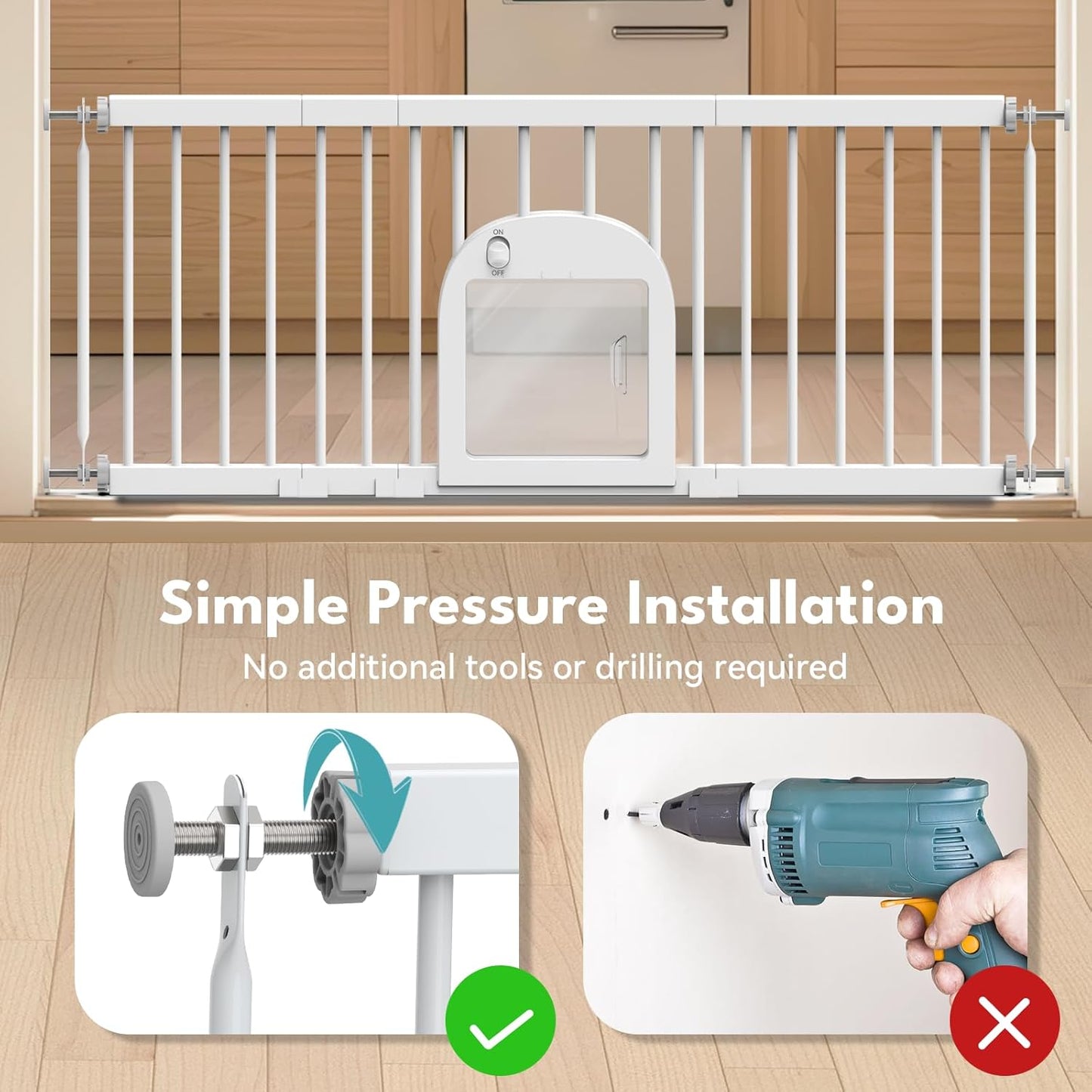 No Pawblems Dog Gate with Small Pet Door, 16"-42.7" Adjustable Metal Short Dog Gate to Step Over, 16.5" Tall Small Pet Gate with 3 Extension Kits, Pressure Mounted Gate for Doorways & Stairs, White