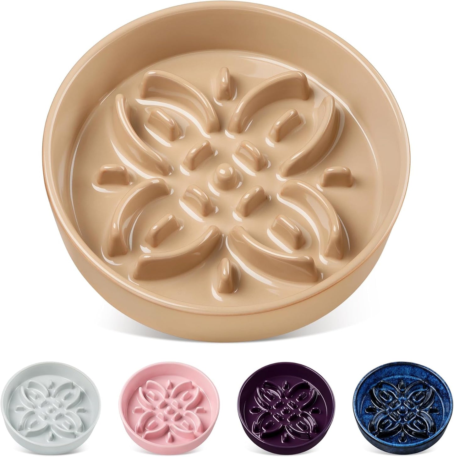 vancasso Ceramic Slow Feeder Dog Bowls, Puzzle Dog Food Bowls with Floral Maze, Anti -Slip Pet Food Dish for Small Breed, 0.6 Cups, Pink
