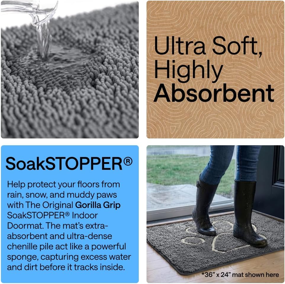 GORILLA GRIP SoakSTOPPER Dog Door Mat, 30x20 Machine Washable Rug Absorbent Doormat Captures Moisture Mud Dirt, Quick Dry Soft Chenille Entryway Rugs Indoor Entrance Mats for Dog Paws, Paw Grey