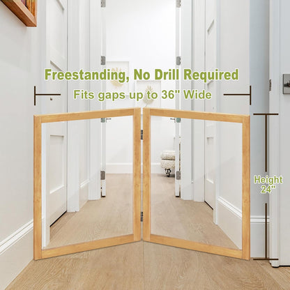 LZRS Clear Dog Gate for Indoor Use - Transparent Pet Fence with Solid Hardwood and Plastic Board, Stylish & Durable freestanding Pet Gate for Doorways, Stairs and Hallways-2 Panel Cherry