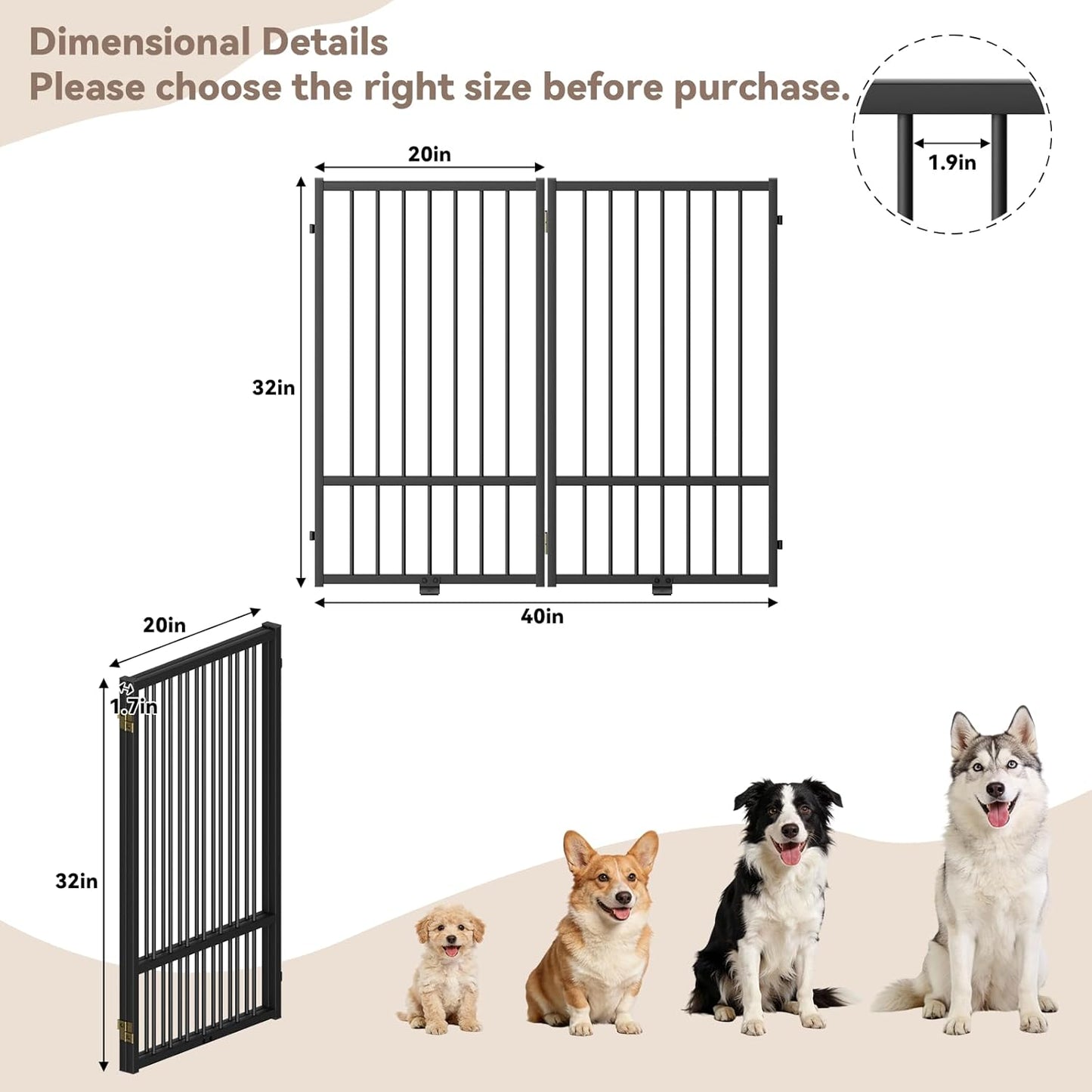 SNUOWU Full Metal Freestanding Dog Gate with Door, 32''Height Foldable Pet Dog Fence for Indoor & Outdoor, 4 Panels Extra Wide Free Standing TallDog Gates for Doorways,House,Stairs,Porch,Deck,Yard