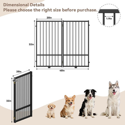 SNUOWU Full Metal Freestanding Dog Gate with Door, 32''Height Foldable Pet Dog Fence for Indoor & Outdoor, 4 Panels Extra Wide Free Standing TallDog Gates for Doorways,House,Stairs,Porch,Deck,Yard