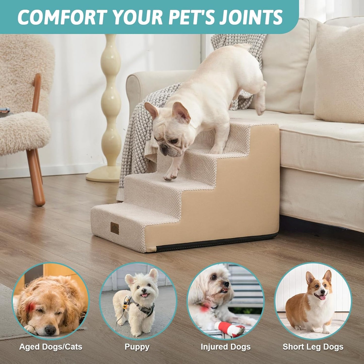 COZY KISS Dog Stairs for Small Dogs, 4 Tier Wider Pet Stairs for Couch and Beds, 17.7" H Non-Slip Dog Steps for Old Cats, Puppy, Small Medium Dogs, 17.7x23.6x17.7 inch, Beige