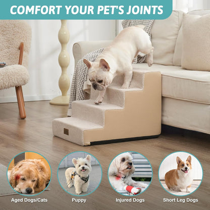 COZY KISS Dog Stairs for Small Dogs, 4 Tier Wider Pet Stairs for Couch and Beds, 17.7" H Non-Slip Dog Steps for Old Cats, Puppy, Small Medium Dogs, 17.7x23.6x17.7 inch, Beige