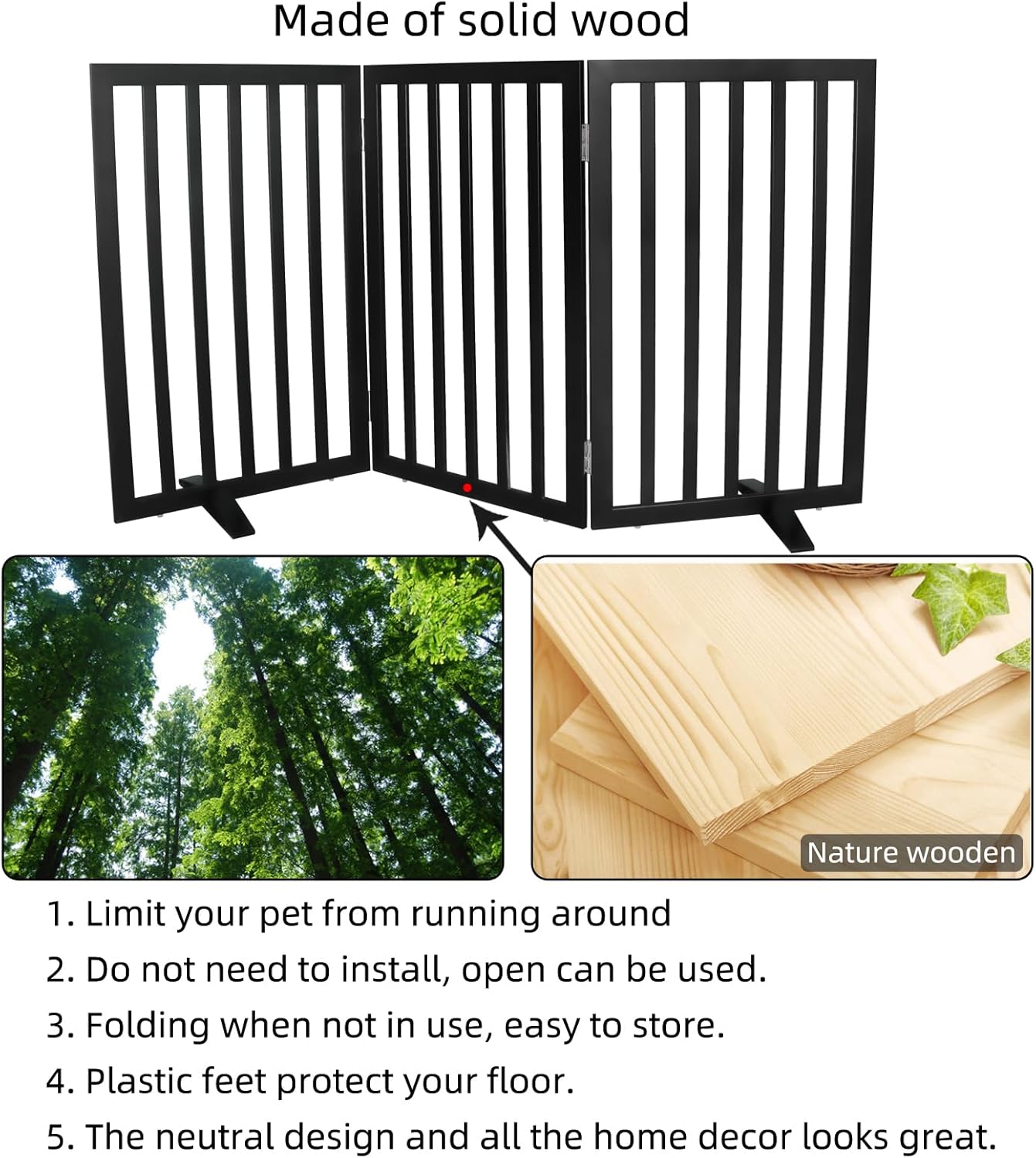 ZJSF Freestanding Indoor Dog Gate for House Foldable Wood Puppy Gate for Doorways Pet Gate for Stairs Extra Wide Pet Fence, Brown, 24" Height 3 Panels