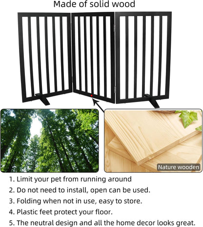 ZJSF Freestanding Indoor Dog Gate for House Foldable Wood Puppy Gate for Doorways Pet Gate for Stairs Extra Wide Pet Fence, Brown, 24" Height 3 Panels