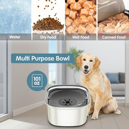 UPSKY 3L Dog Water Bowl 101oz Stainless Steel No Spill Large Capacity Dog Food Water Bowl Slow Water Feeder, Spill Proof Pet Water Dispenser Vehicle Carried Travel Water Bowl