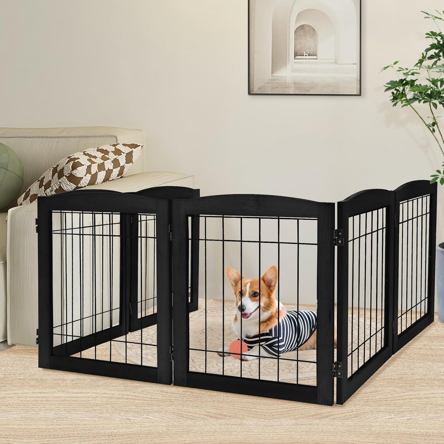 LZRS 2-Panel Freestanding Foldable Wood Dog Gate – Solid Wood & Steel Wire, Chew-Resistant Pet Barrier for Indoor Use, Ideal for Small to Medium Dogs, White