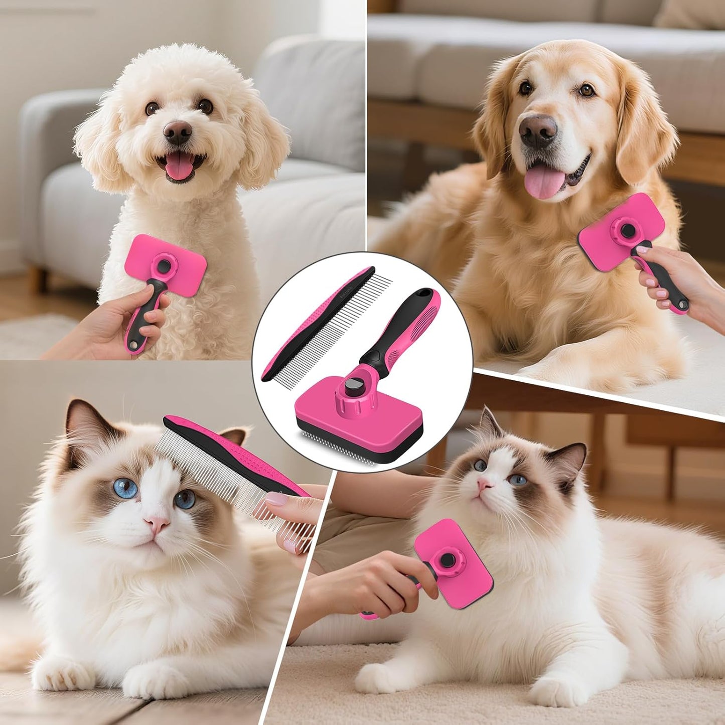 2PCS Self Cleaning Slicker Brush & Dog Comb - Skin Friendly Deshedding Grooming Tool for Dogs, Cats and Small Animals, Professional Deshedding Dematting Tool for Long and Short Haired Pets (Pink)