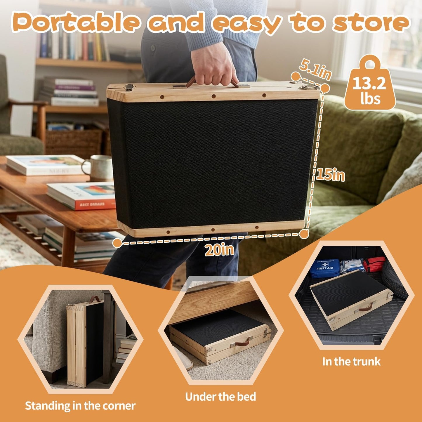 Rubber-Mat Dog Ramp with Rails for Couch, Bed or Car - 40" Long Foldable Wood Pet Ramp Adjustable Height from 10" to 21", with High Traction Mat for Small Medium Older Dogs, Up to 180 Lbs
