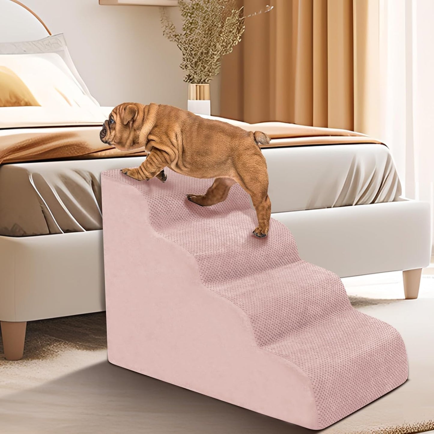 Dog Stairs for Small Dogs - High Density Foam Dog Ramp, Extra Wide Pet Steps with Non-Slip Bottom for High Beds, Couche and Sofa, Best for Pet Injured, Older Dogs Cats (Grey, 4 Steps)