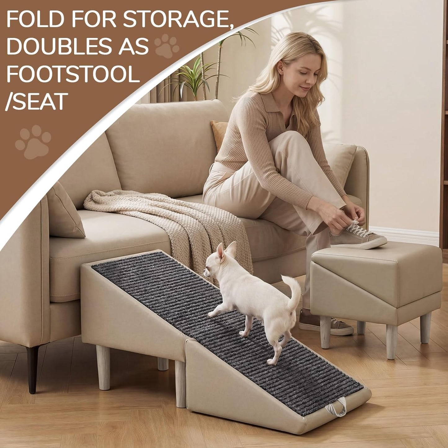 Dog Safety Ramps, Foldable 2-in-1 Wooden Pet Stairs & Steps & Ottoman, Solid Wood Anti-Slip & High-end Leather Material Pet Ramp, Split Ottoman Design, Pet Steps for Puppy Senior Injured Dogs
