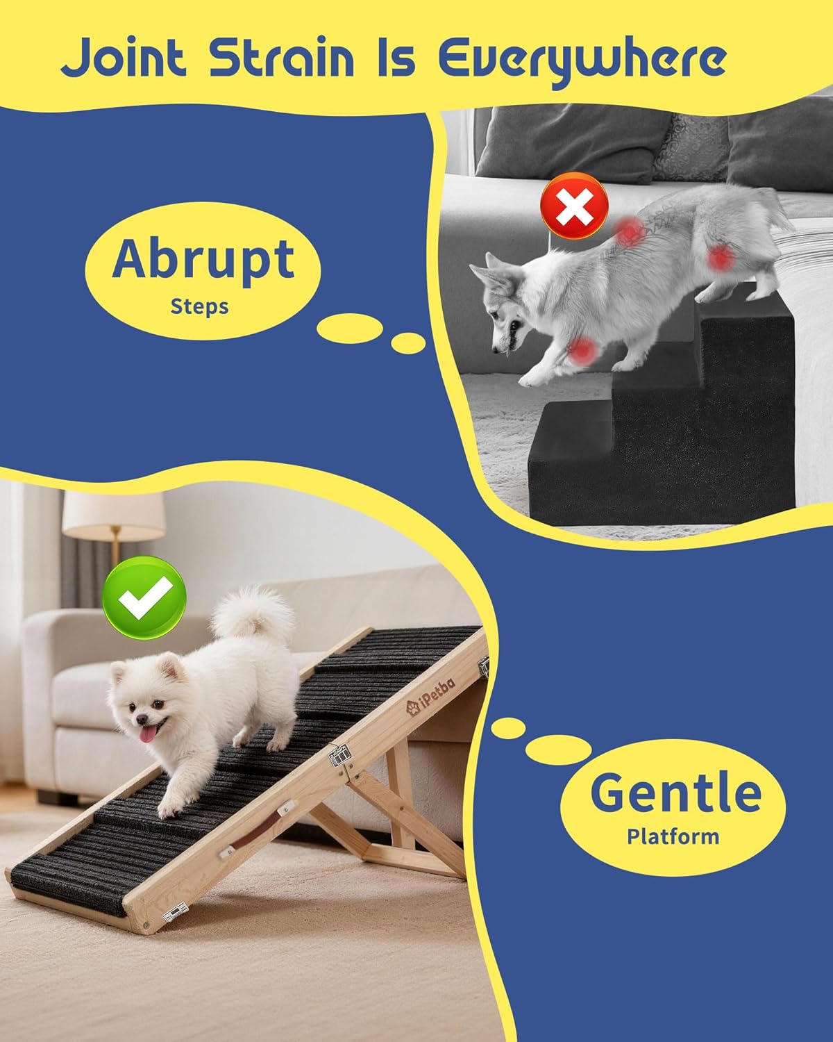 Dog Ramp for Bed & Couch for Small & Medium Dogs - Joint-Friendly, Anti-Slip, Adjustable, Odor-Free, Up to 70 lbs