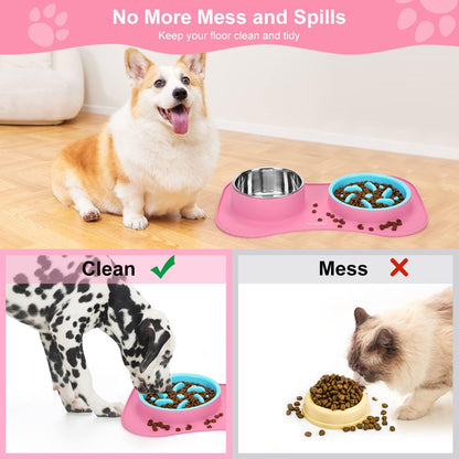 Anipaw Slow Feeder Dog Bowls 3 in 1 Stainless Steel Food and Water Bowls with Non-Spill and Skid Silicone Mat to Slow Down Eating for Large Medium Small Breed Size Dogs and Cats