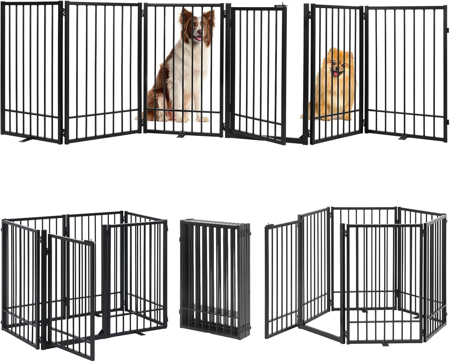 Metal Freestanding Dog Gate with Door, Extra Wide 81", 31" Height Foldable Dog Gates for Doorways, Tall Pet Fence Indoor Pet Gates, 4 Panels Pet Barrier for Stairs Hallways, Black