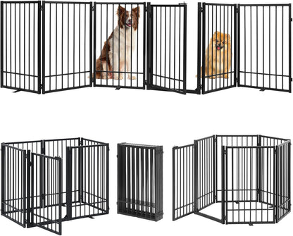 Metal Freestanding Dog Gate with Door, Extra Wide 81", 31" Height Foldable Dog Gates for Doorways, Tall Pet Fence Indoor Pet Gates, 4 Panels Pet Barrier for Stairs Hallways, Black