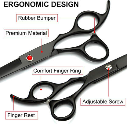 TINMARDA Dog Grooming Kit, Professional Stainless Steel Dog Grooming Scissors with Curved Shears, Pink Finger Rings - 4 Piece Sharp Durable Pet Shears for Dogs Cats At Home Salon-Quality Grooming
