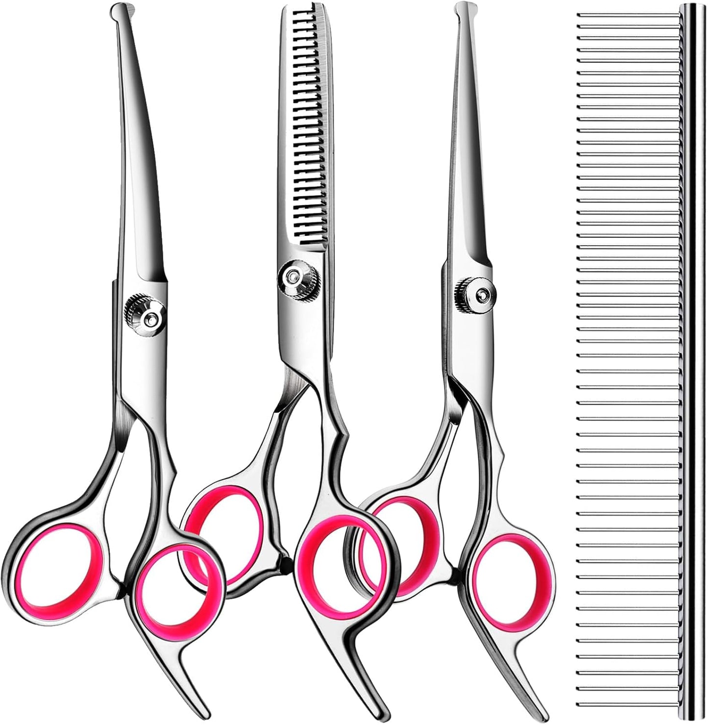 TINMARDA Dog Grooming Kit, Professional Stainless Steel Dog Grooming Scissors with Curved Shears, Pink Finger Rings - 4 Piece Sharp Durable Pet Shears for Dogs Cats At Home Salon-Quality Grooming