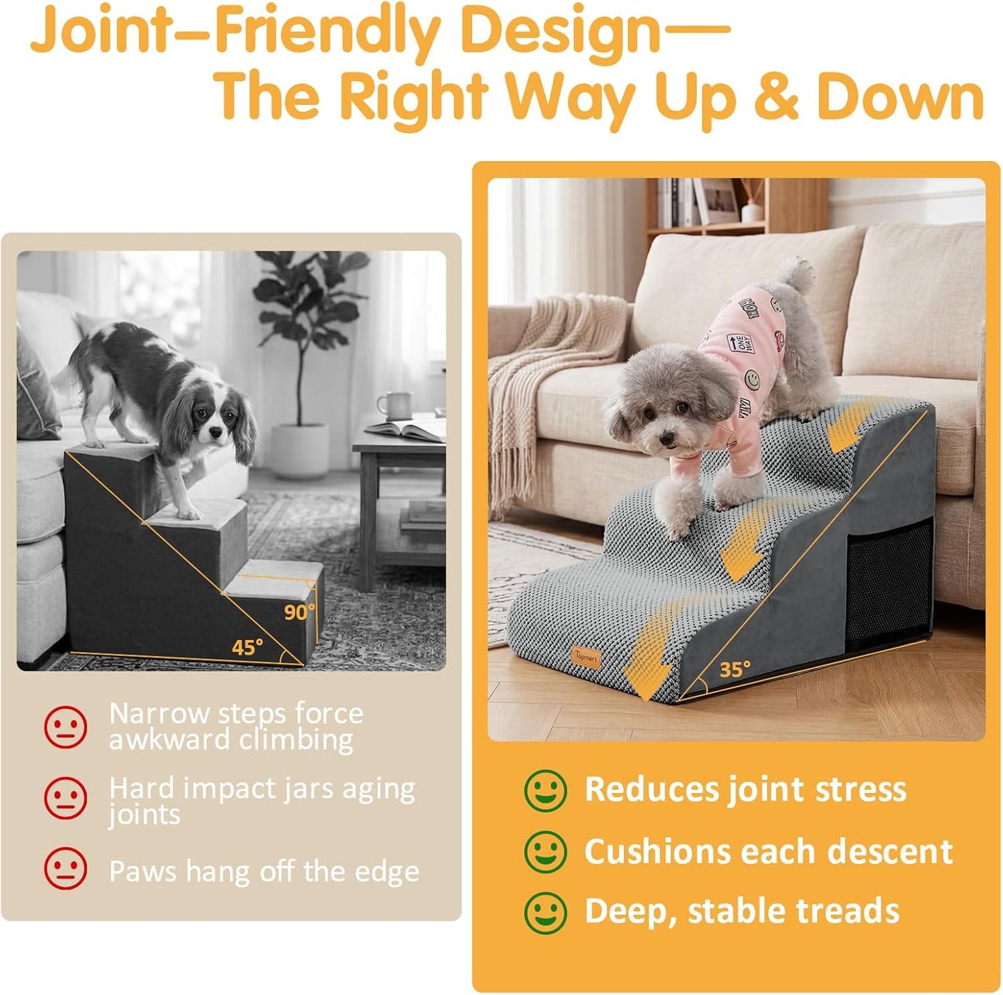 Topmart High Density Extended Foam Dog Ramp&Steps 2 Tiers,11.8" High,Non-Slip Dog Stairs,Soft Foam Pet Ladder with Removable Cover,Best for Injured,Older Cats,Pets with Joint Pain