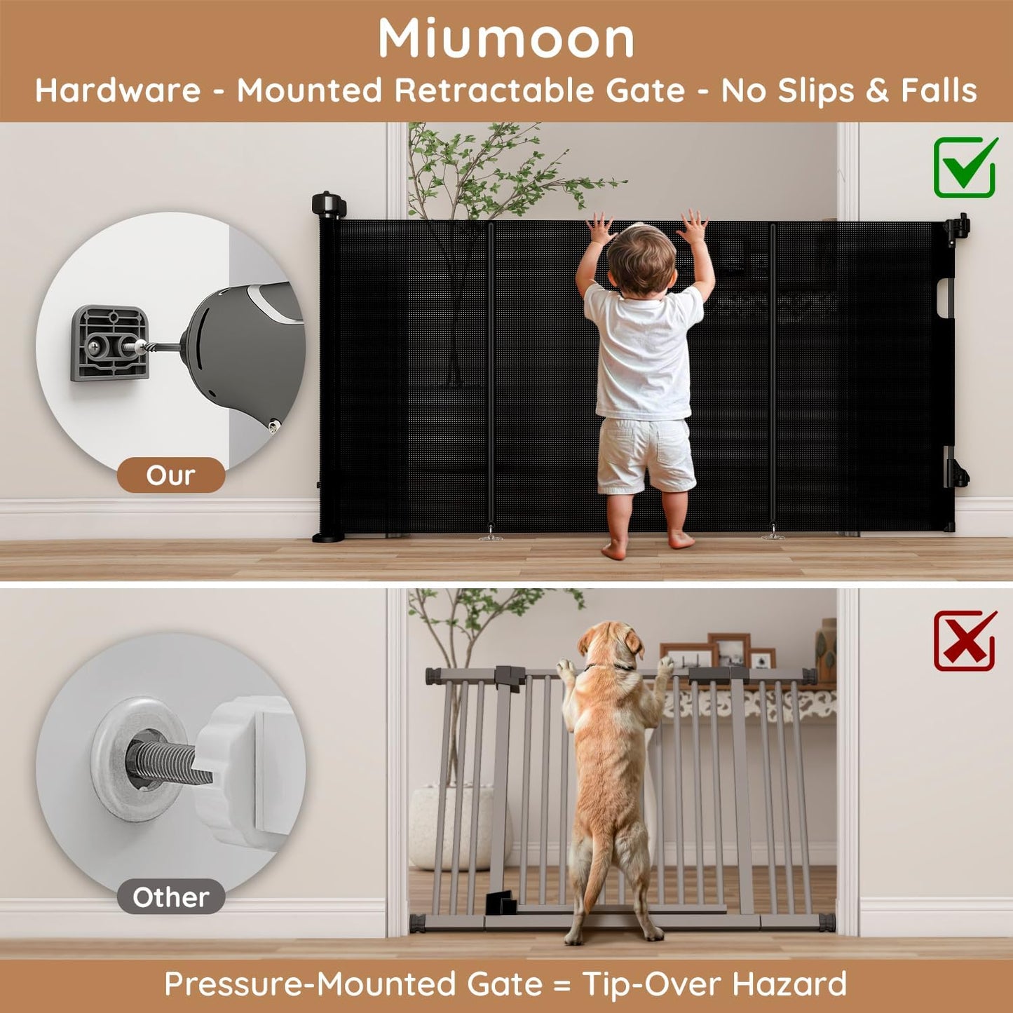 Miumoon One-Hand Operation Retractable Baby Gates, 71 inch Retractable Gate with Reinforced Strip Design to Prevent Crawling Through, 6 FT Retractable Dog Gate for Stairs, Doorways, Hallways