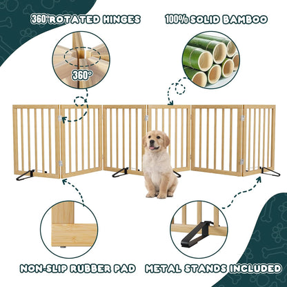 Freestanding Dog Gates Indoor, 3-Panel Pet Gates with 2 Metal Stands and 360° Hinge, 24" H Foldable Dog Gate for Stairs, Doorway, Kitchen, Expands Up to 55" Fully Assembled - Black Walnut