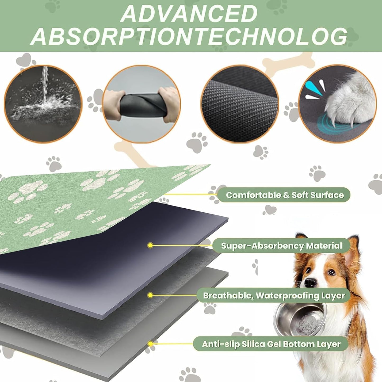 18"×30" Dog Food Mat-Absorbent Dog Mat for Food and Water, No Stains Quick Dry Cat Food Bowl Mat with Footprints for Messy Drinkers,Dark Grey