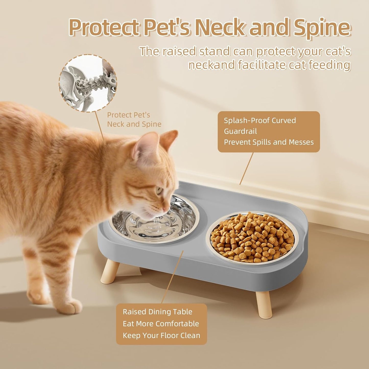Elevated Cat Bowl, Raised Cat Food and Water Bowl Set for Indoor Cats, Splash Proof with 2 Stainless Steel Pet Food Bowls for Cats and Puppies, Whisker Fatigue and Dishwasher Safe - White